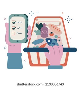 Vector flat cartoon illustration. The buyer buys goods according to the list in the store and puts them in the cart.