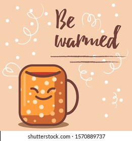 Vector  Flat Cartoon Illustration Of A Card With A Smilling Cup Of Coffee And Lettering