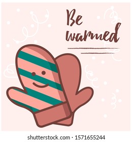 Vector flat cartoon illustration of a card with smilling mittens and lettering
