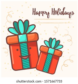 Vector  flat cartoon illustration of a card with smilling present boxes and lettering