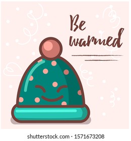 Vector  flat cartoon illustration of a card with a smilling hat and lettering