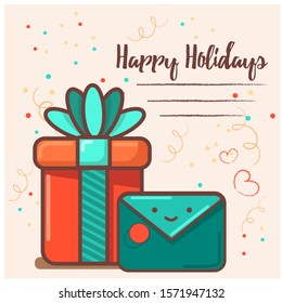 Vector  flat cartoon illustration of a card with a present box, smilling card envelope and lettering