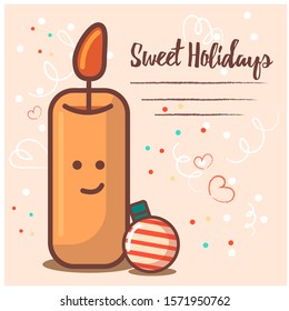 Vector  flat cartoon illustration of a card with a smilling candle, a ball and lettering