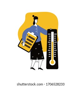 vector flat cartoon illustration of character woman with big thermometer in her hands and folder. Girl takes measurements of the environment temperature. 