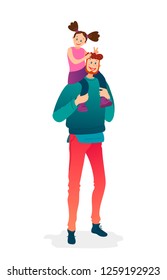 Vector flat cartoon illustration characters - father and daughter. Isolated on white. Postcard, poster, website. Fathers day. EPS 10