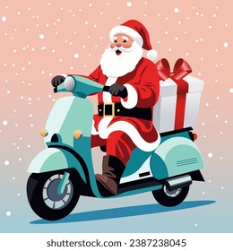 Dibujo vectorial plano de un alegre Papá Noel en una motocicleta entregando regalos.
