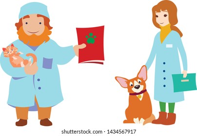 Vector flat cartoon illustration for children man and woman veterinarian doctors medicine with patients cat and puppy corgi dog cute simple pets medicine healthcare