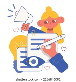 Ilustración de dibujos animados planos vectores. Administrador de contenido. Comercialización de contenidos. Creando contenido interesante.