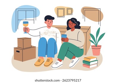 Vector flat cartoon illustration of couple celebrating move to new home. Man and woman sitting on floor among boxes, drinking champagne, resting after moving day composition, isolated colored clipart