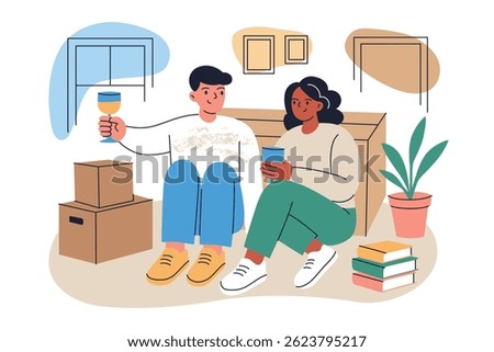 Vector flat cartoon illustration of couple celebrating move to new home. Man and woman sitting on floor among boxes, drinking champagne, resting after moving day composition, isolated colored clipart