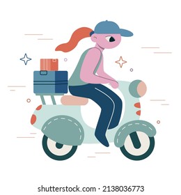Vector flat cartoon illustration. The courier carries parcels on a scooter. Express delivery.