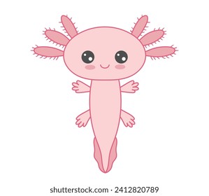 Vector flat cartoon illustration of cute stylized axolotl salamander isolated on white background. Baby axolotl smiling.