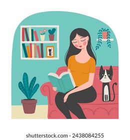 Ilustración plana de dibujos animados vectorial de una mujer joven linda sentada en una habitación acogedora, en el sofá con un gato, y leyendo un libro. Ilustración del concepto del amante del libro.