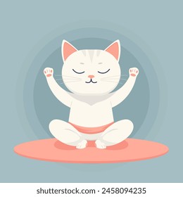 Vector flat cartoon illustration of a cute cat doing yoga in the lotus position.
