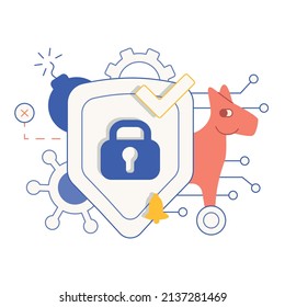 Vector flat cartoon illustration. Data protection in internet, web. Shield and lock symbol, data security.