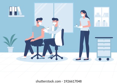 Vector flat cartoon illustration of doctor injecting coronavirus vaccine to patient in clinic, immunity health concept.