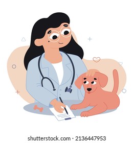 Vector flat cartoon illustration. The doctor treats the puppy. 