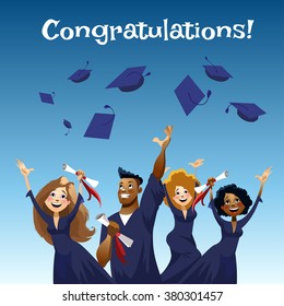 Vector flat cartoon illustration. Dynamic poses. Happy graduates throwing graduation hats in the air.