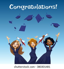 Vector flat cartoon illustration. Dynamic poses. Happy graduates throwing graduation hats in the air.