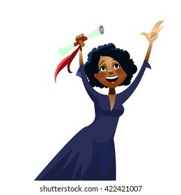 Vector flat cartoon illustration. Dynamic pose. Happy graduate girl