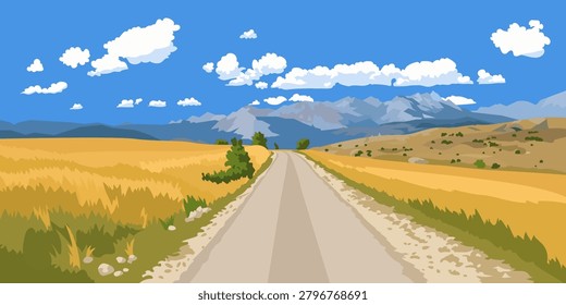 Vector flat cartoon illustration of empty asphalt road through yellow wheat fields with mountains on background. Autumn landscape for travel banner design, countryside journey backdrop, nature poster