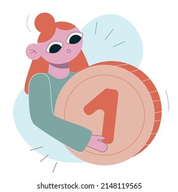 Vector flat cartoon illustration. Finance, budget. The girl is holding a huge gold coin in her hands.