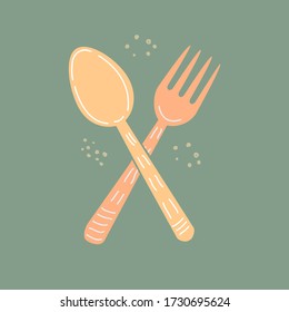 Vector flat cartoon illustration of a fork and spoon. Kitchen tools, utensils and kitchen accessories on a dark green background.