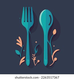 Vector flat cartoon illustration of a fork and spoon. Kitchen tools, utensils and kitchen accessories on a dark blue background