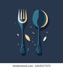 Vector flat cartoon illustration of a fork and spoon. Kitchen tools, utensils and kitchen accessories on a dark blue background
