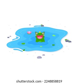 Vector flat cartoon illustration of a frog in a pond. For printing, postcards and children's games.