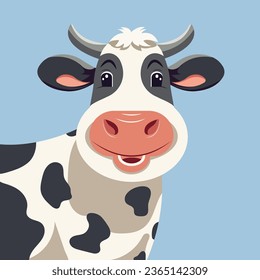 Vector flat cartoon illustration, funny cheerful dairy cow on isolated blue background.
