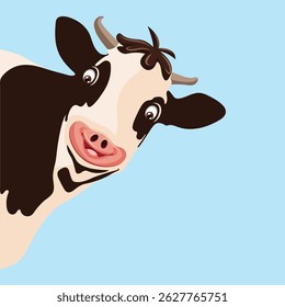 Vektorgrafik mit flacher Karikatur, lustige fröhliche Milchkuh auf einzeln blauem Hintergrund.