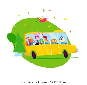 Vector flat cartoon illustration with funny animal students and yellow school bus driving isolated on white background on nature. Lettering, back to school collection. 