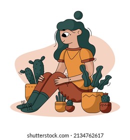 Vector flat cartoon illustration. Girl with home plants.