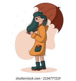 Vector flat cartoon illustration. The girl under the rain with the umbrella.