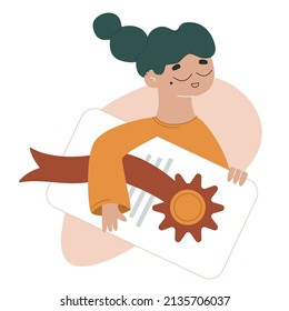 Vector flat cartoon illustration. The girl is holding a certificate, diploma.