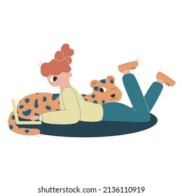Vector flat cartoon illustration. The girl lies with a laptop and leopard lies nearby.