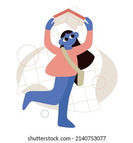 Vector flat cartoon illustration. The girl with a bag over her shoulder holds a checkered school notebook. 