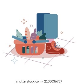 Vector flat cartoon illustration. A grocery basket full of groceries is on the floor next to a customer.
