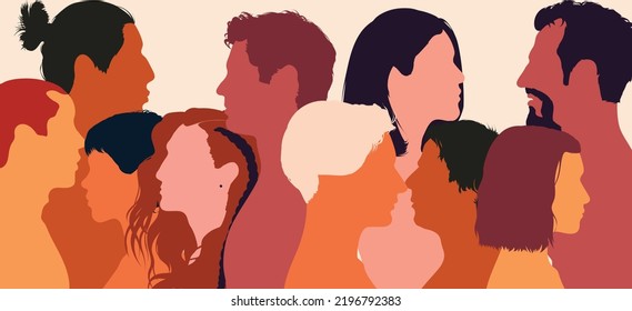 Vector flat cartoon illustration of a group of men and women from different cultures and countries. Harmony and integration of multicultural communities.