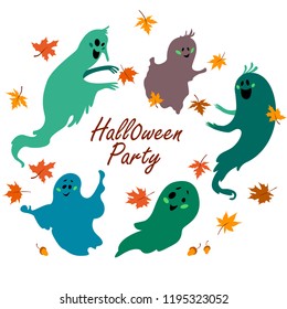 Vector flat cartoon illustration with Halloween funny characters, and decoration objects isolated on white background. Good for celebration card, party invitation, sticker, flyer design.