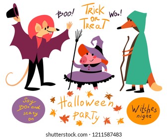 Vector flat cartoon illustration with Halloween character isolated on white background. Funny and cheerful animal portrait. Good for celebration card, party invitation, sticker, flyer design.