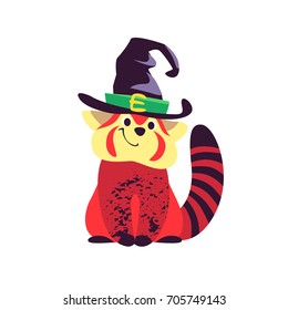 Vector flat cartoon illustration of Halloween small cute red panda character sitting in witch hat isolated on white background. Good for celebration card, party invitation, sticker, flayer design.