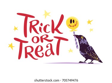 Vector flat cartoon illustration with Halloween lettering and characters isolated on white background. Funny bird portrait. Good for celebration card, party invitation, sticker, flayer design.
