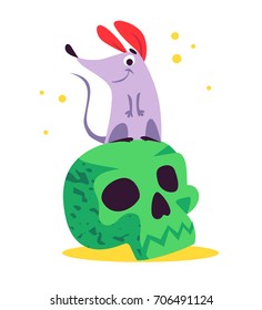 Vector flat cartoon illustration with Halloween funny mouse character sitting on green skull isolated on white background. Good for celebration card, party invitation, sticker, flayer design.