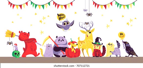 Vector flat cartoon illustration with Halloween character isolated on white background. Funny and cheerful animal portrait. Good for celebration card, party invitation, sticker, flayer design.