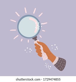 Vector flat cartoon illustration of a hand holding a magnifying glass on a blue background. The concept of exploring the search for something.