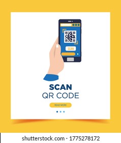 Vector Flat Cartoon Illustration Of Hand Using Smartphone Scan QR Code And For Check In Before Entry The Mall