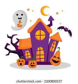 Vector flat cartoon illustration Hello Halloween. Cute ghost and pumpkin at the old castle