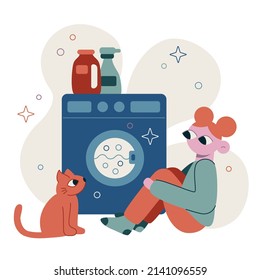 Ilustración de dibujos animados planos vectores. Trabajo doméstico. La chica está lavando ropa en la lavadora.